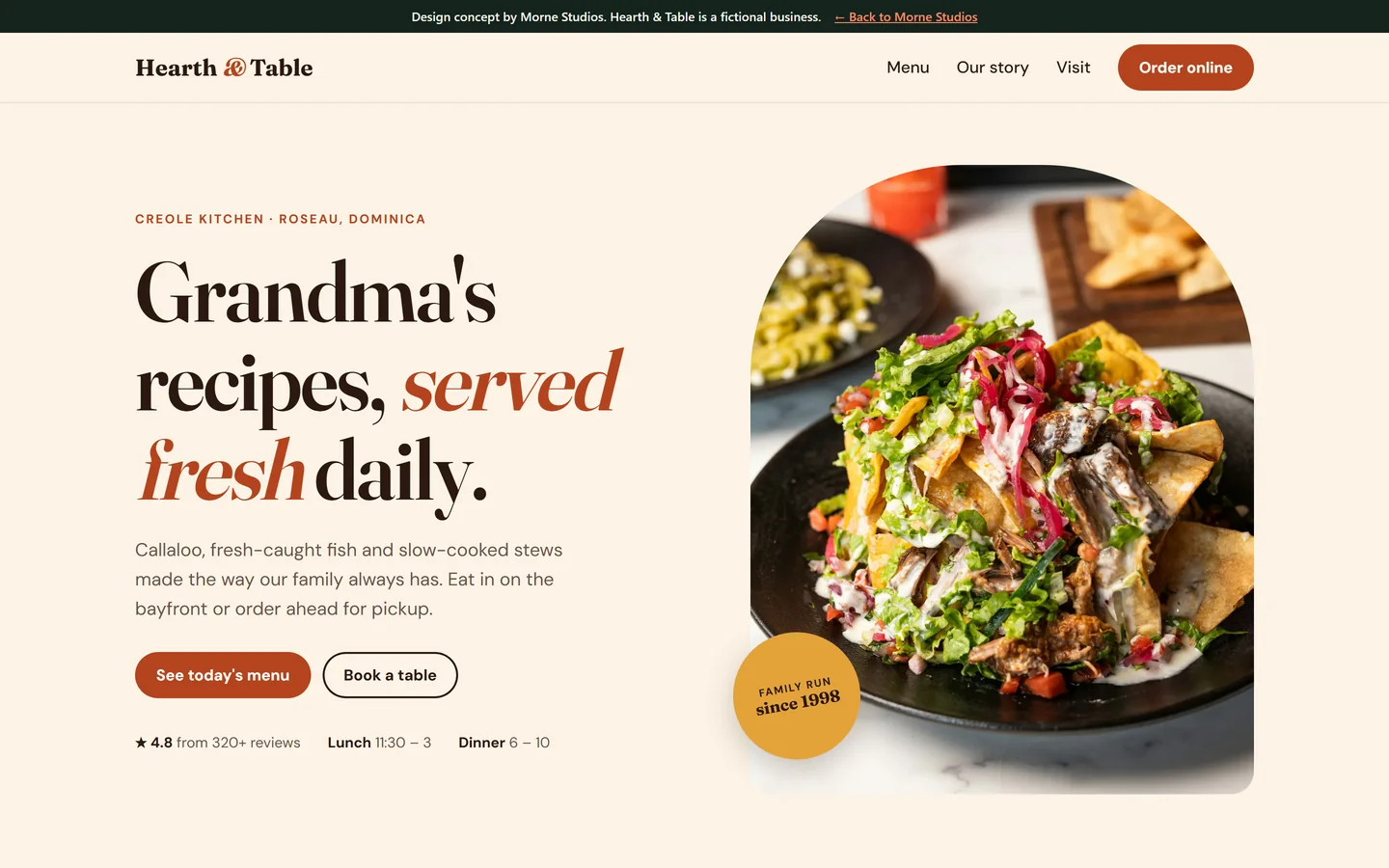 Hearth and Table restaurant homepage with a headline about grandma's recipes beside a plated salad
