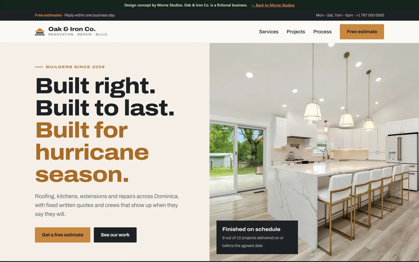 Oak and Iron Co. homepage with the headline Built right, built to last, beside a renovated kitchen