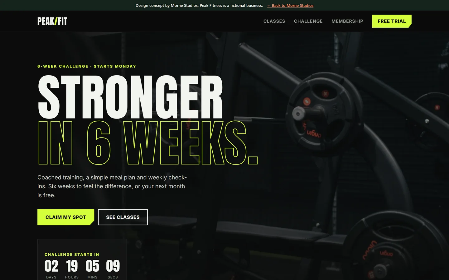 Peak Fitness homepage with a bold headline reading Stronger in 6 weeks and a countdown timer
