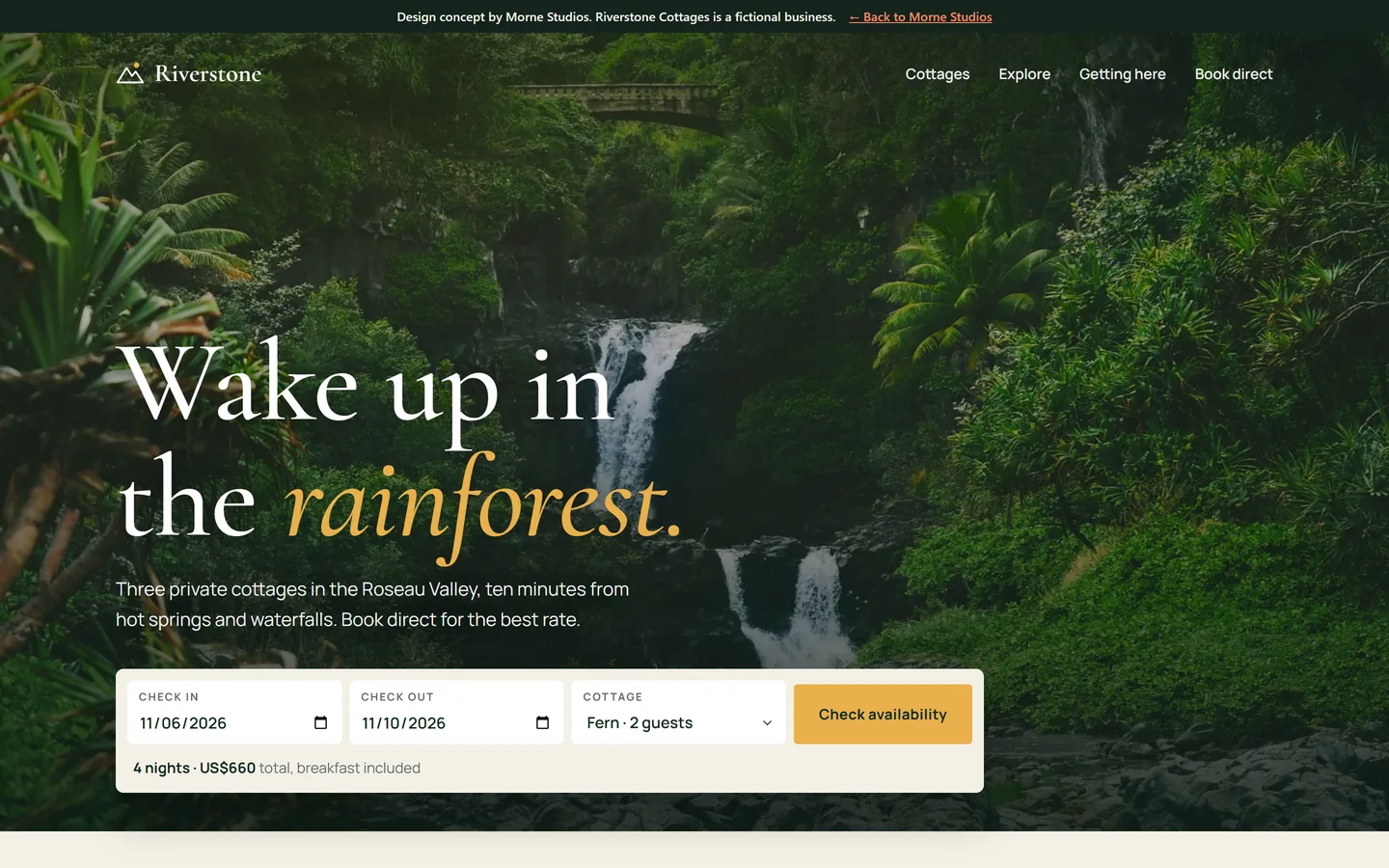 Riverstone Cottages homepage with a rainforest waterfall photo and a booking bar