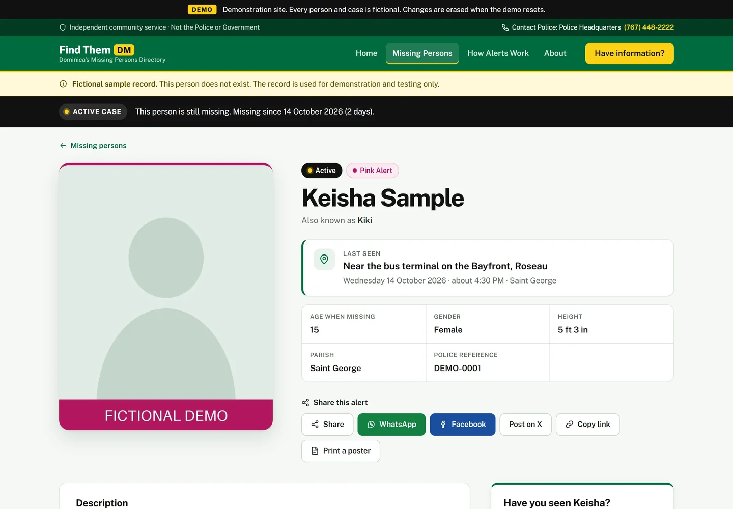 A fictional sample case page showing last-seen location, details, and share buttons for WhatsApp, Facebook and X