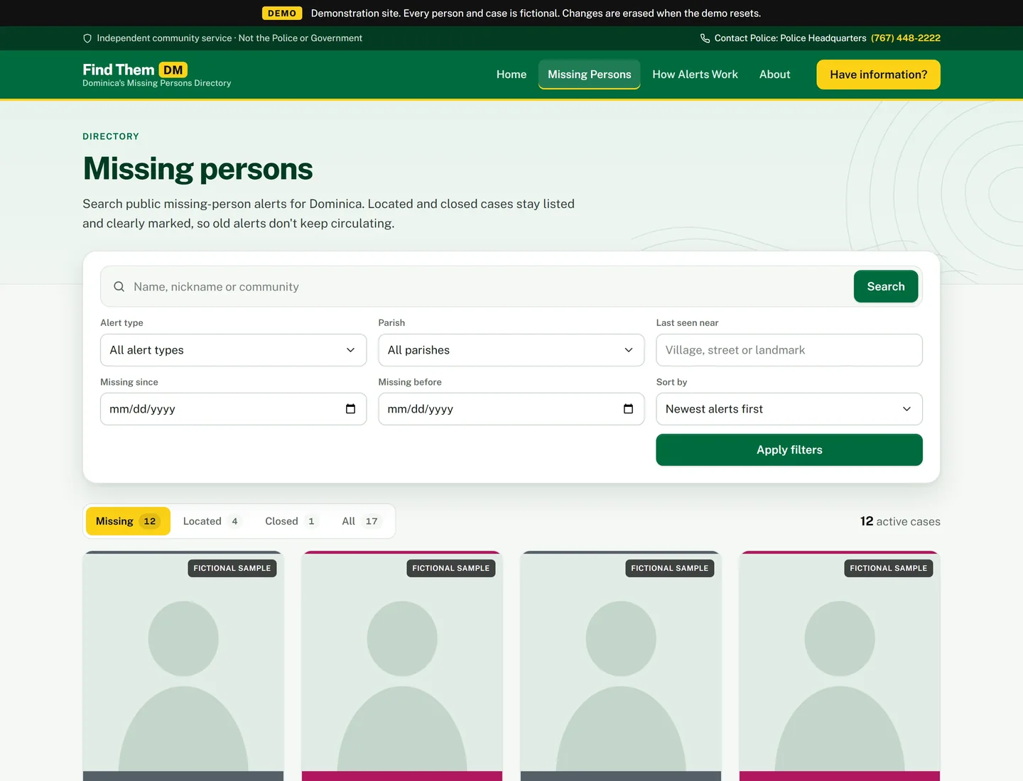 Find Them DM directory page with search, filters by alert type and parish, and tabs for missing, located and closed cases