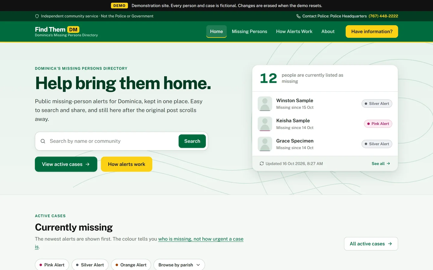 Find Them DM homepage: a green and yellow directory of missing-person alerts for Dominica with a search bar and list of active cases