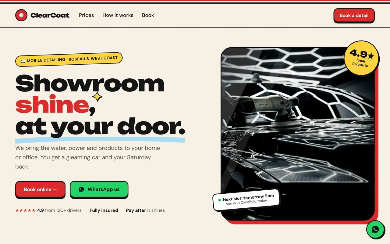 The restored ClearCoat website: a dark modern page with the headline 'Showroom shine, at your door', Book online and WhatsApp buttons, a 4.9 star rating and a studio photo of a car being polished