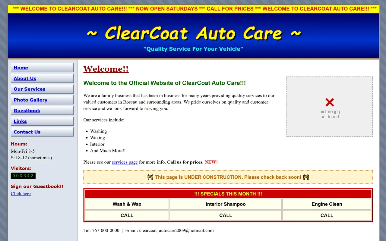 The old ClearCoat Auto Care website: a scrolling yellow banner, Comic Sans header, broken image, 'call us for prices' and an under-construction notice